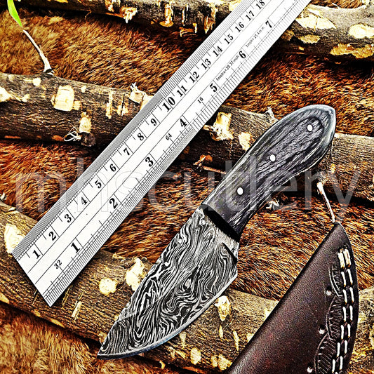 Custom Made Damascus Steel Mini Hunter Skinning Knife With Pakka Wood Handle | mhscutlery