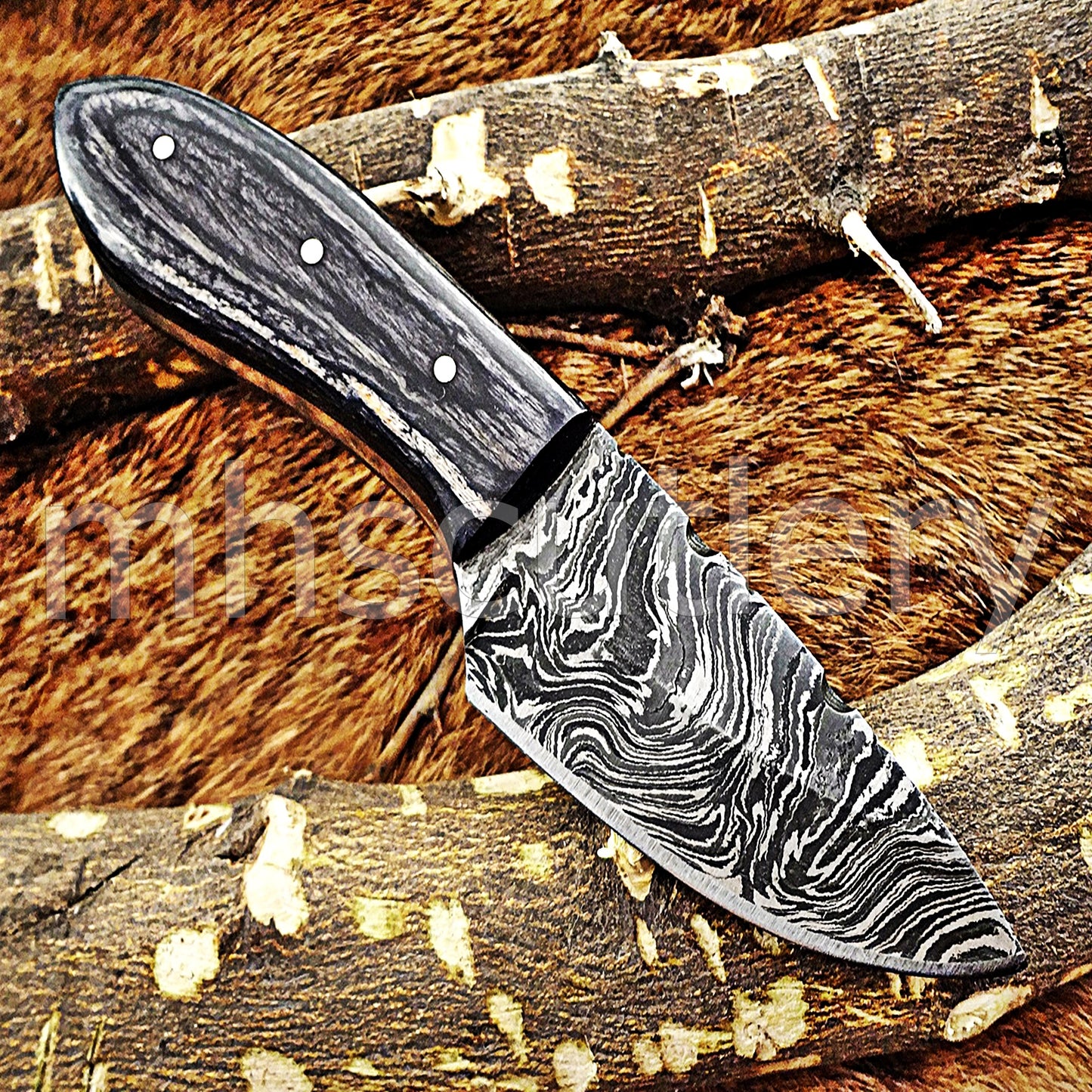 Custom Made Damascus Steel Mini Hunter Skinning Knife With Pakka Wood Handle | mhscutlery
