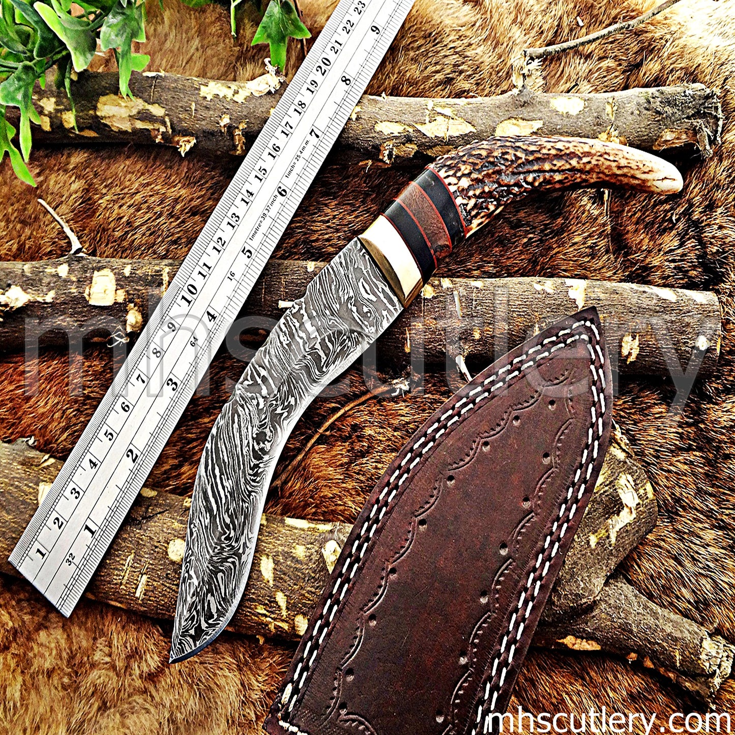 Handmade Damascus Steel Hunting Kukri Knife With Antler Handle | mhscutlery