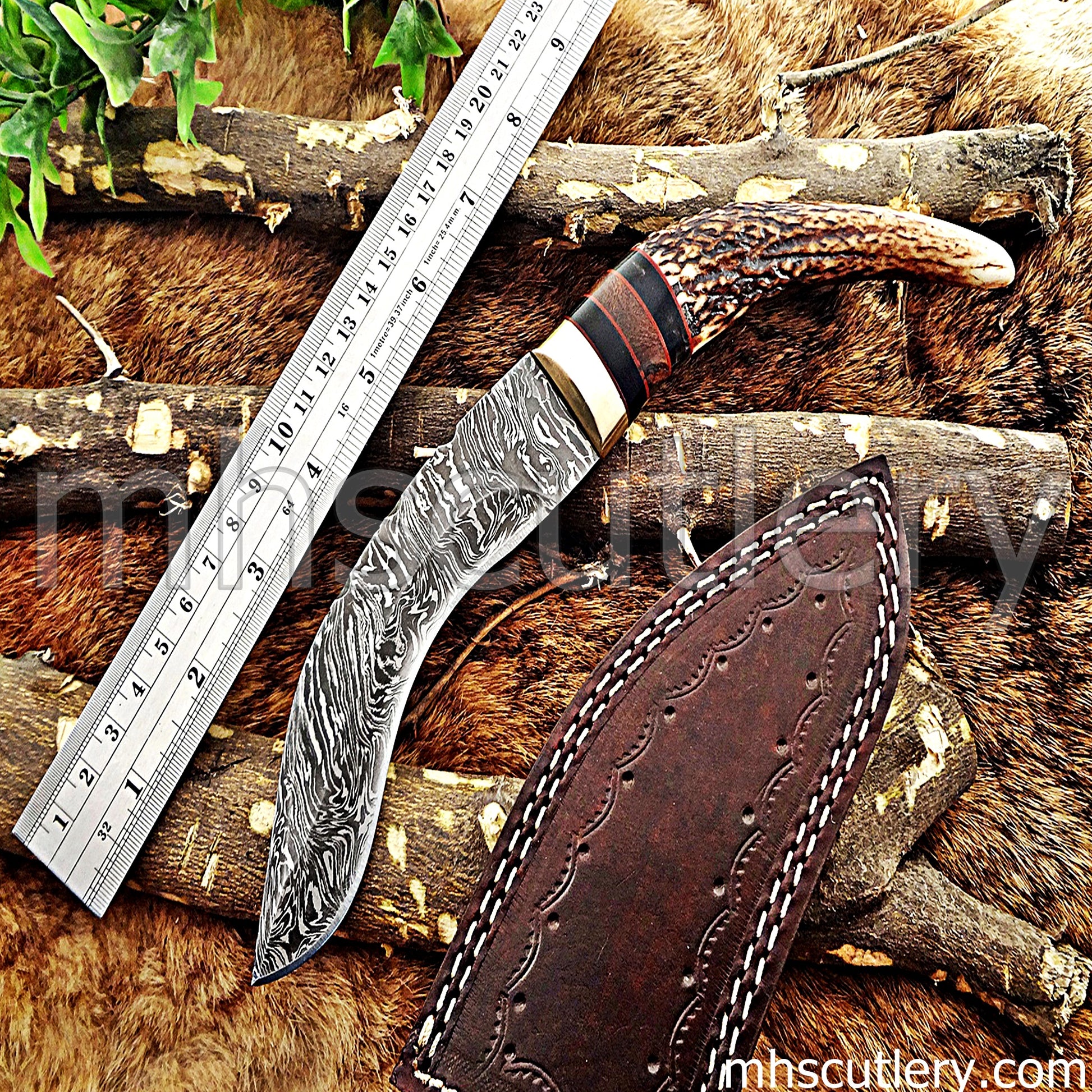 Handmade Damascus Steel Hunting Kukri Knife With Antler Handle | mhscutlery