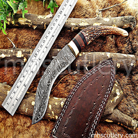 Handmade Damascus Steel Hunting Kukri Knife With Antler Handle | mhscutlery