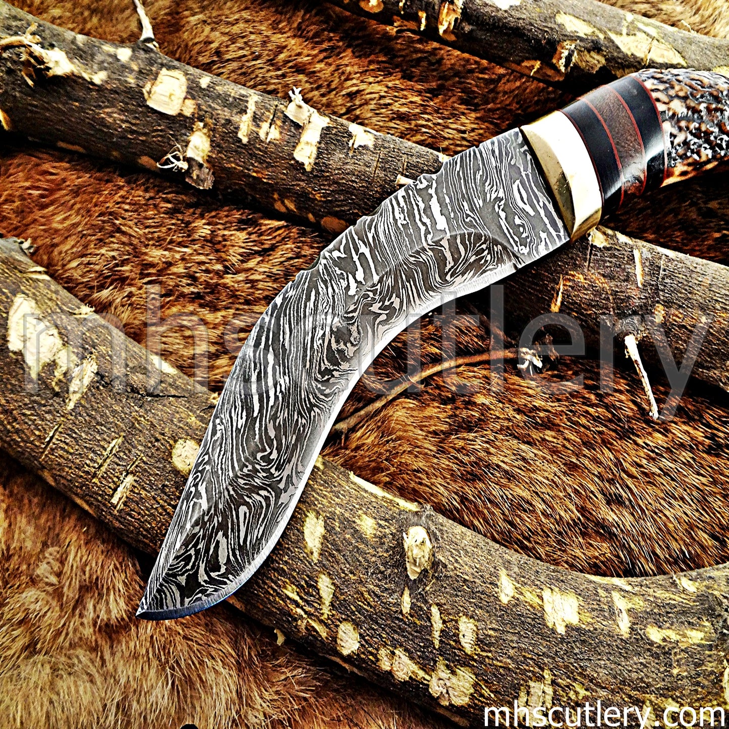 Handmade Damascus Steel Hunting Kukri Knife With Antler Handle | mhscutlery