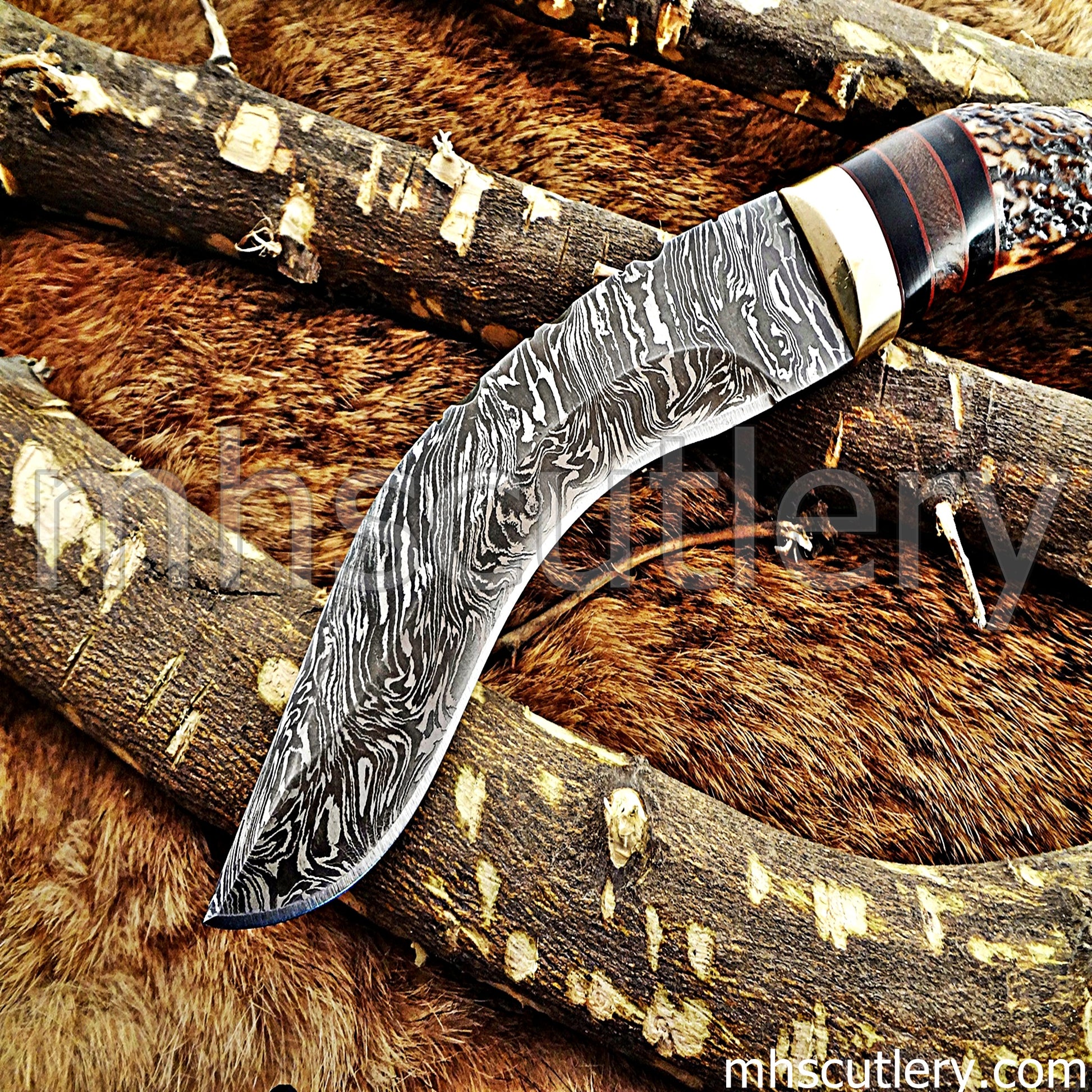 Handmade Damascus Steel Hunting Kukri Knife With Antler Handle | mhscutlery