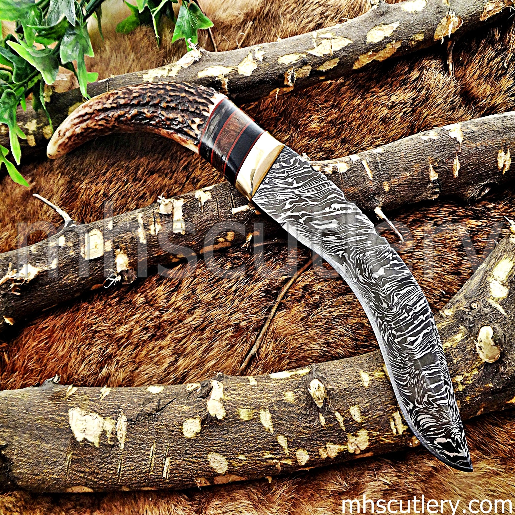 Handmade Damascus Steel Hunting Kukri Knife With Antler Handle | mhscutlery