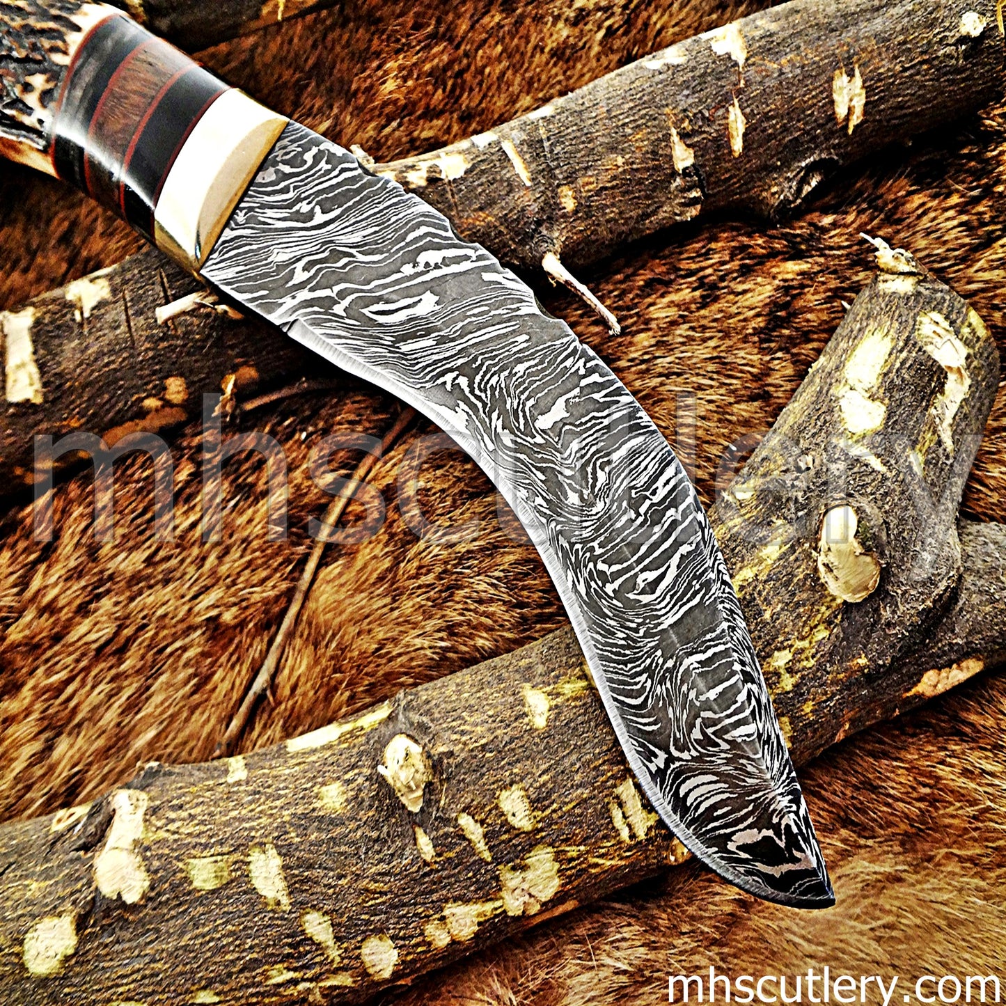 Handmade Damascus Steel Hunting Kukri Knife With Antler Handle | mhscutlery