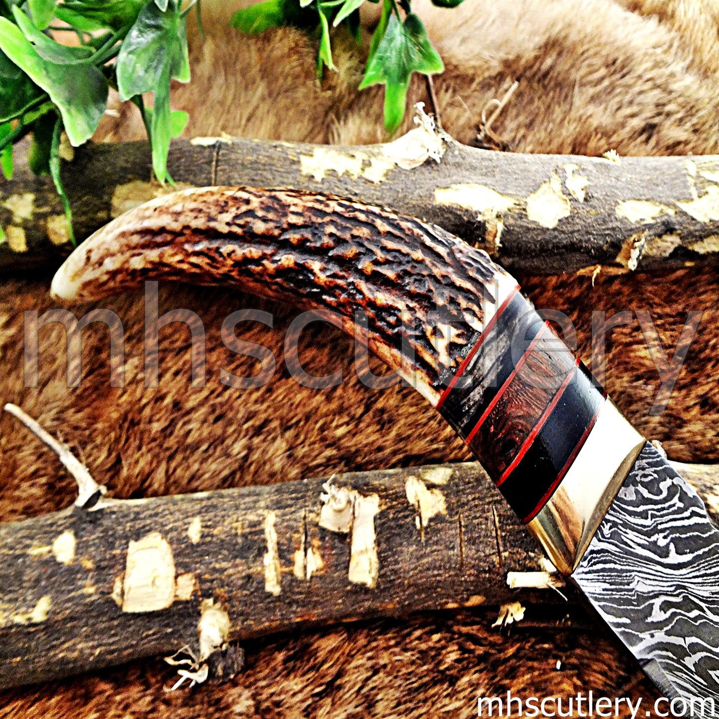 Handmade Damascus Steel Hunting Kukri Knife With Antler Handle | mhscutlery