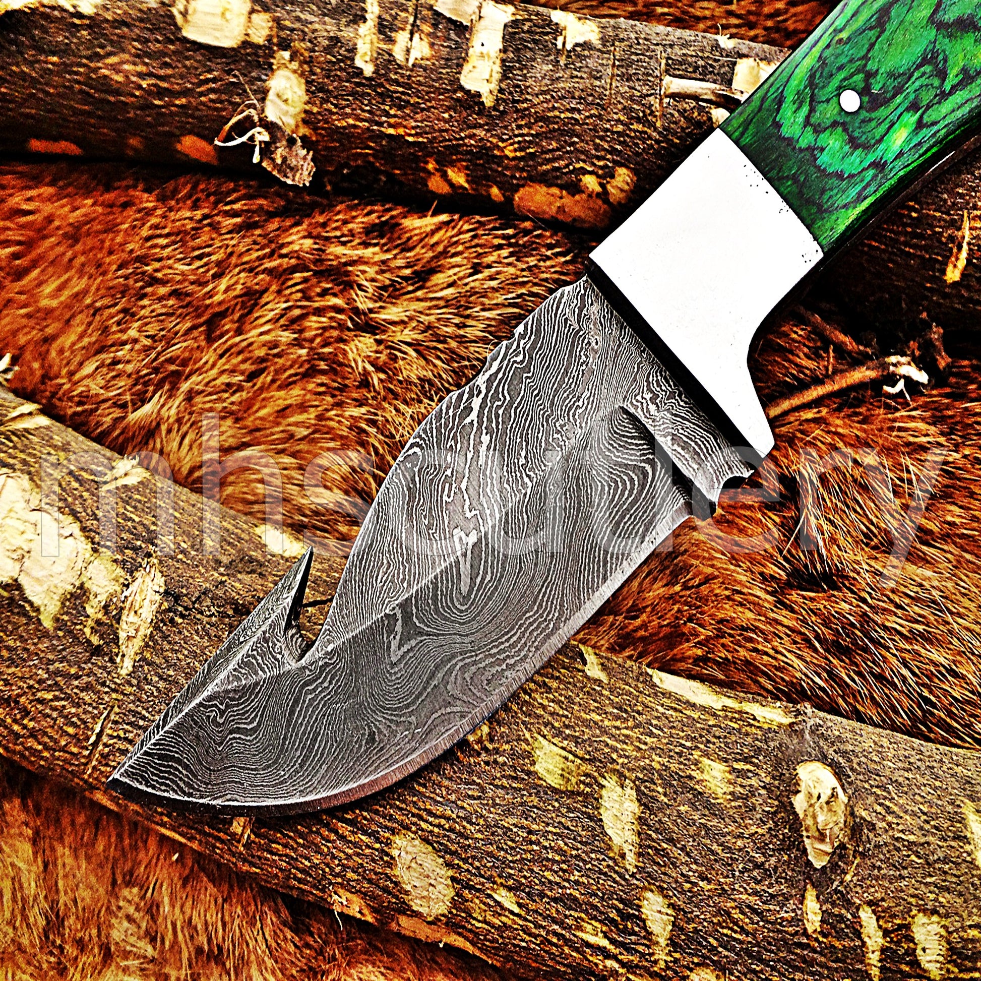 Hand Forged Damascus Steel Mini Gut Hook Skinner Hunting Knife | mhscutlery