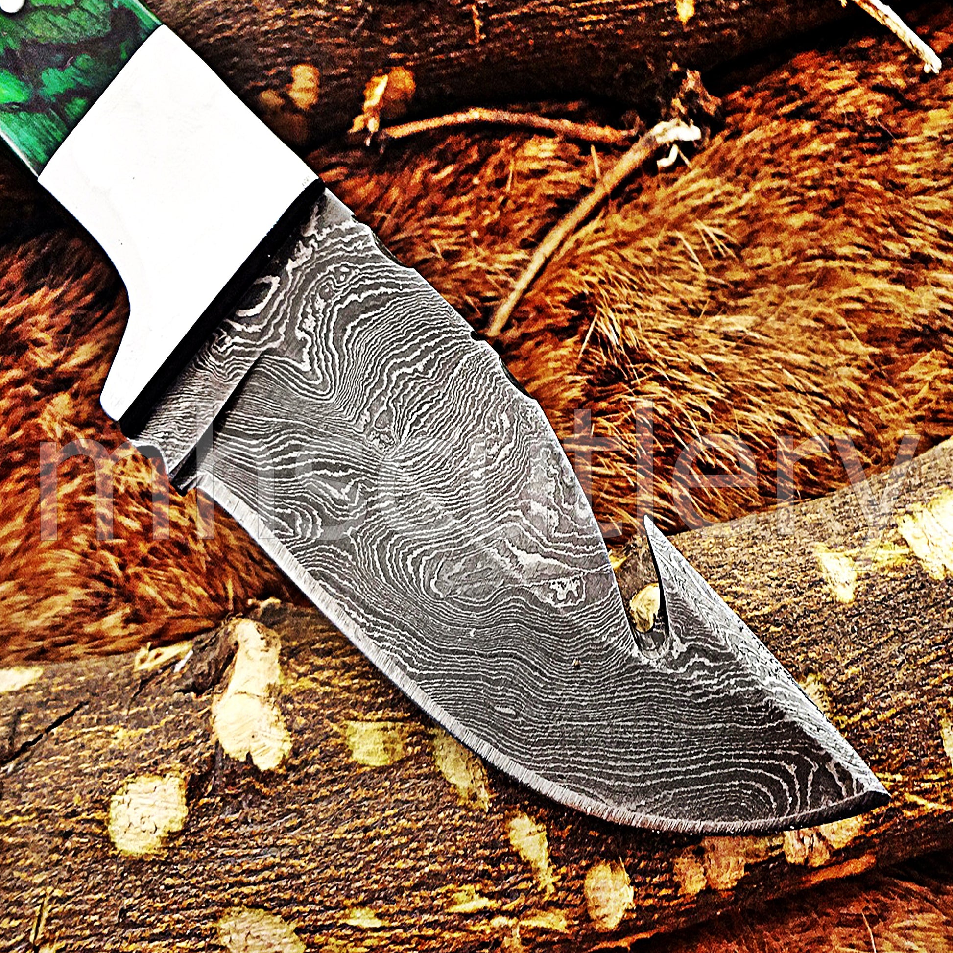 Hand Forged Damascus Steel Mini Gut Hook Skinner Hunting Knife | mhscutlery