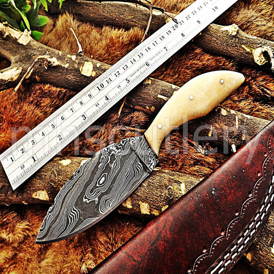 Custom Handmade Damascus Steel Skinner Knife / Bone Handle | mhscutlery