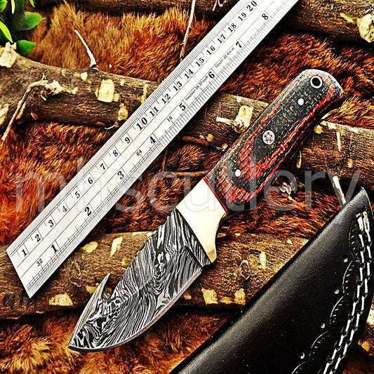 Hand Forged Damascus Steel Gut Hook Hunter Knife / Micarta Handle | mhscutlery