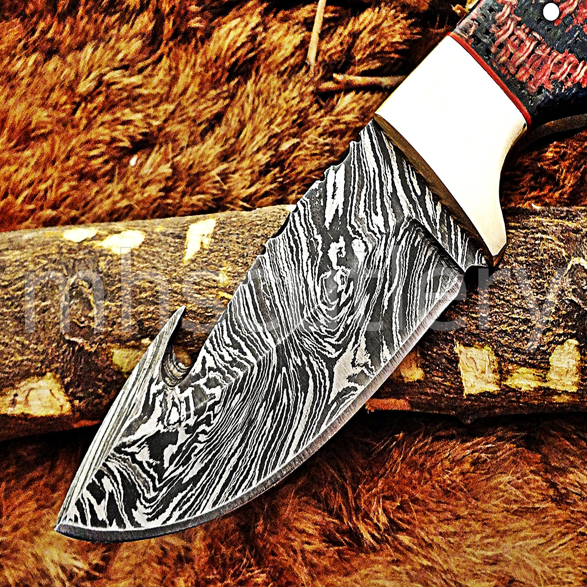 Hand Forged Damascus Steel Gut Hook Hunter Knife / Micarta Handle | mhscutlery