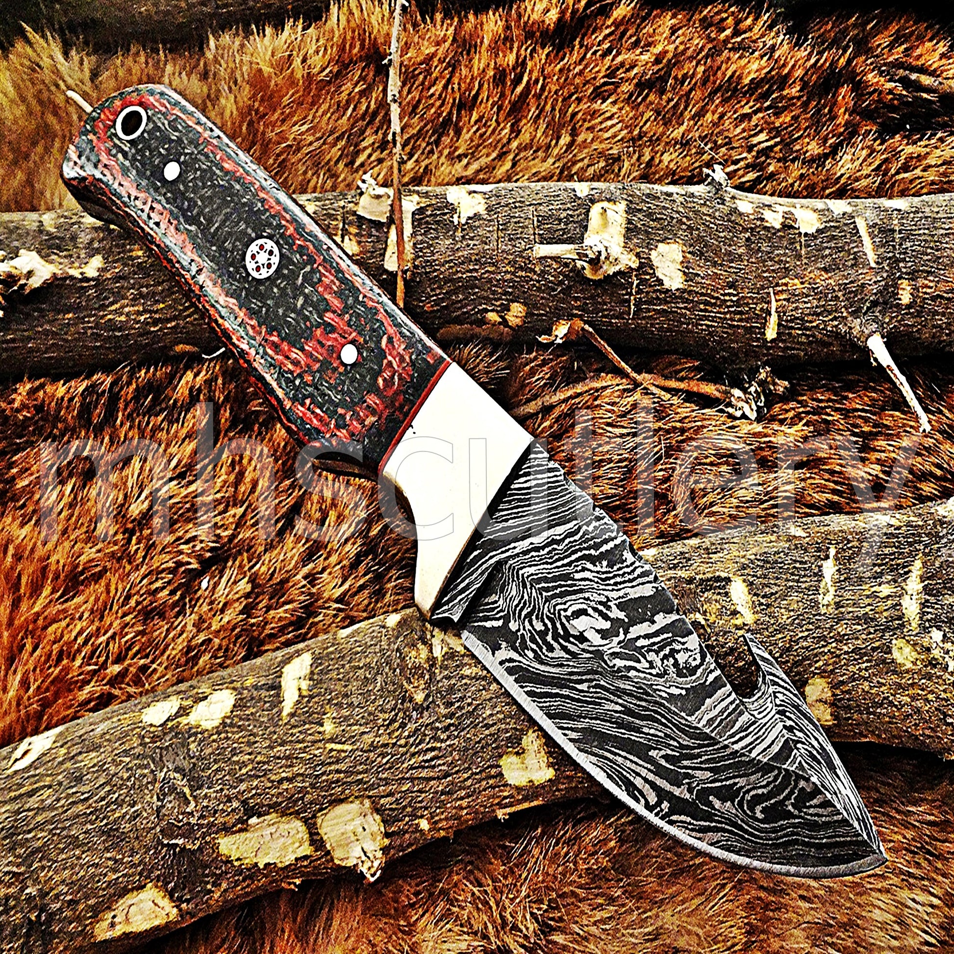 Hand Forged Damascus Steel Gut Hook Hunter Knife / Micarta Handle | mhscutlery