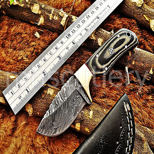 Hand Forged Damascus Steel Mini Micarta Skinner | mhscutlery