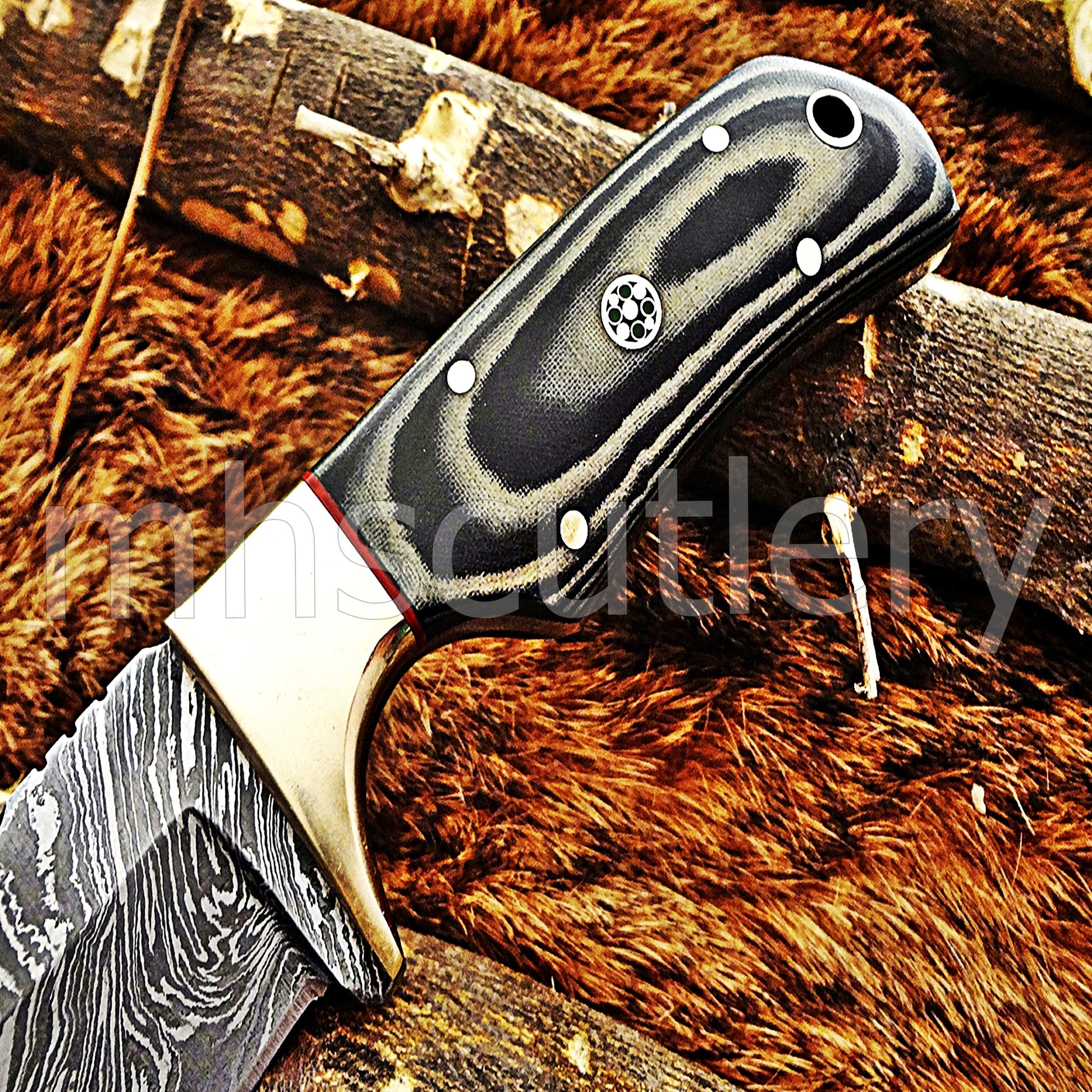 Hand Forged Damascus Steel Mini Micarta Skinner | mhscutlery