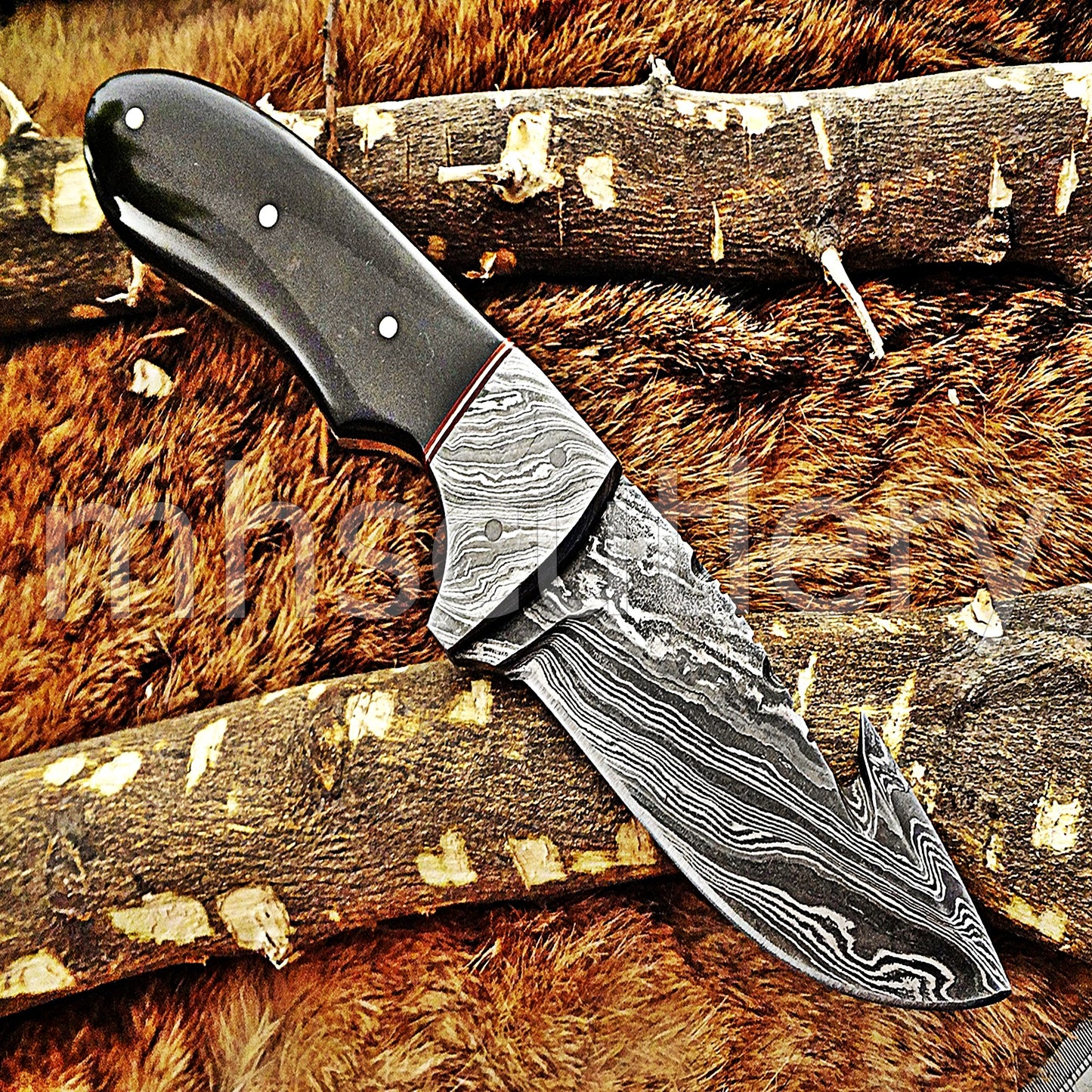 Damascus Steel Gut Hook Skinner Knife / Bull Horn Handle | mhscutlery