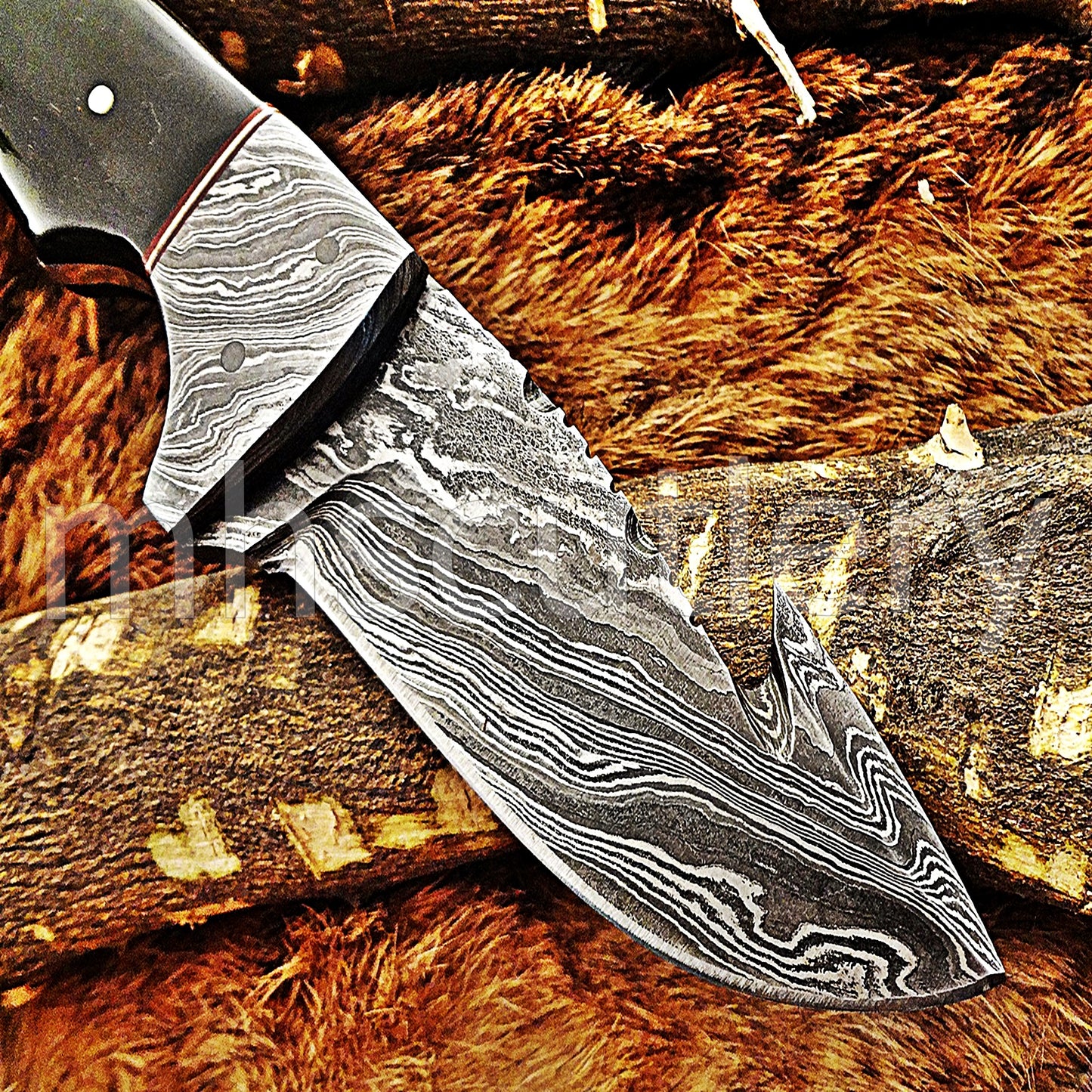 Damascus Steel Gut Hook Skinner Knife / Bull Horn Handle | mhscutlery