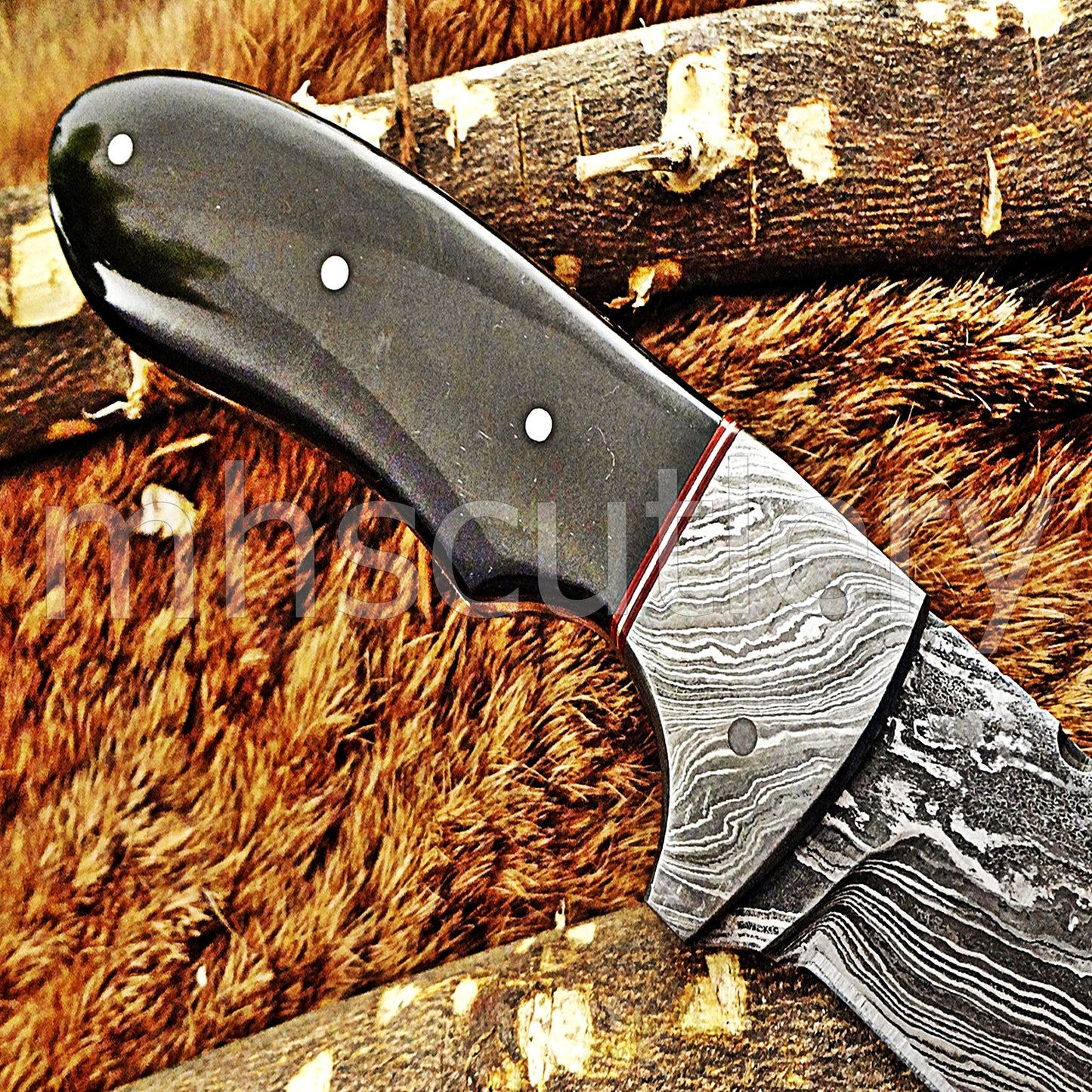 Damascus Steel Gut Hook Skinner Knife / Bull Horn Handle | mhscutlery