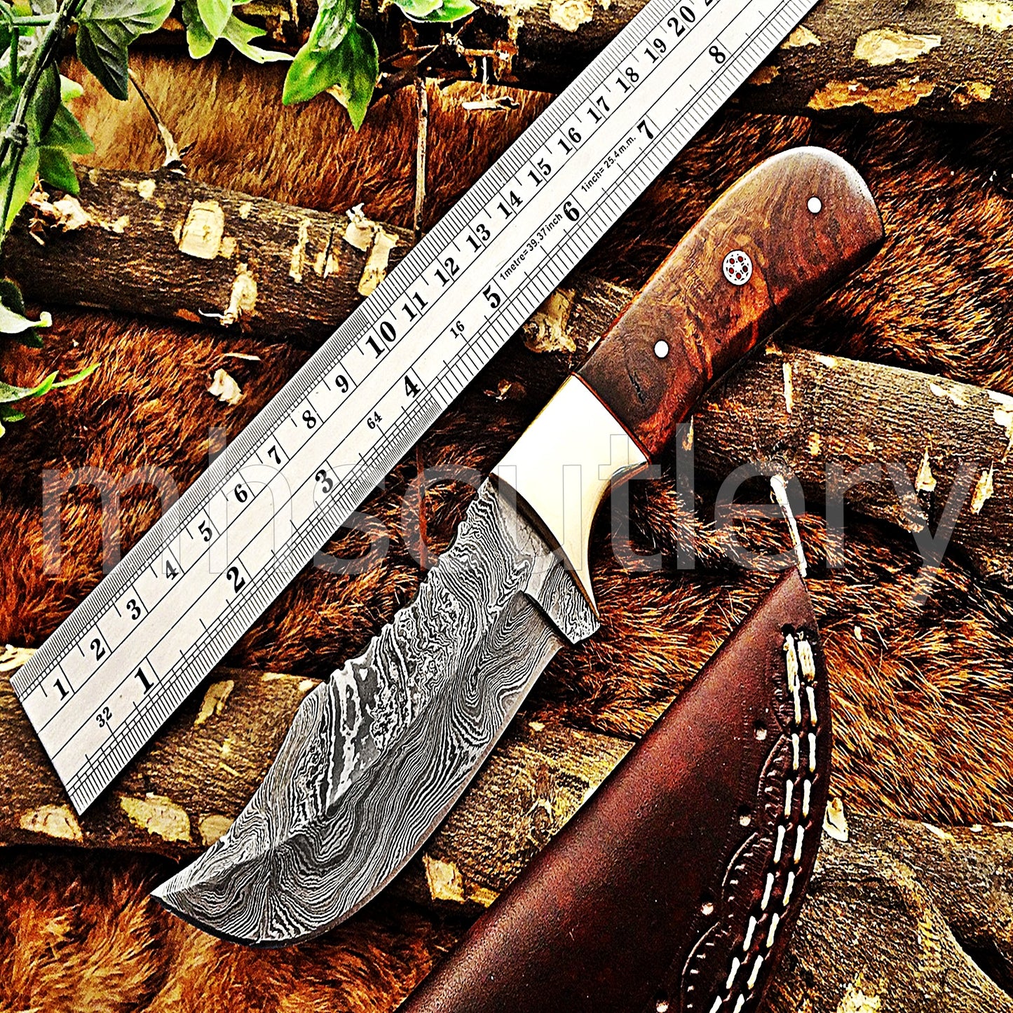 Custom Made Damascus Steel Rose Wood Hunter | mhscutlery