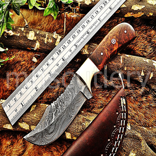 Custom Made Damascus Steel Rose Wood Hunter | mhscutlery
