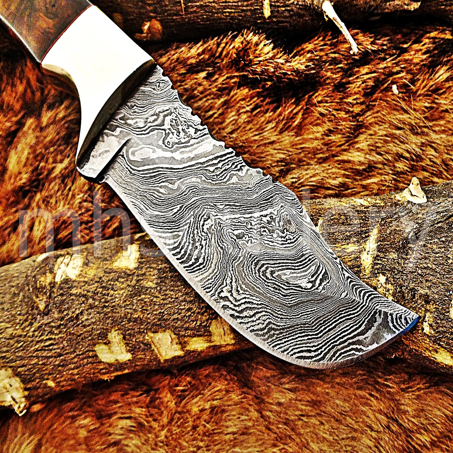 Custom Made Damascus Steel Rose Wood Hunter | mhscutlery