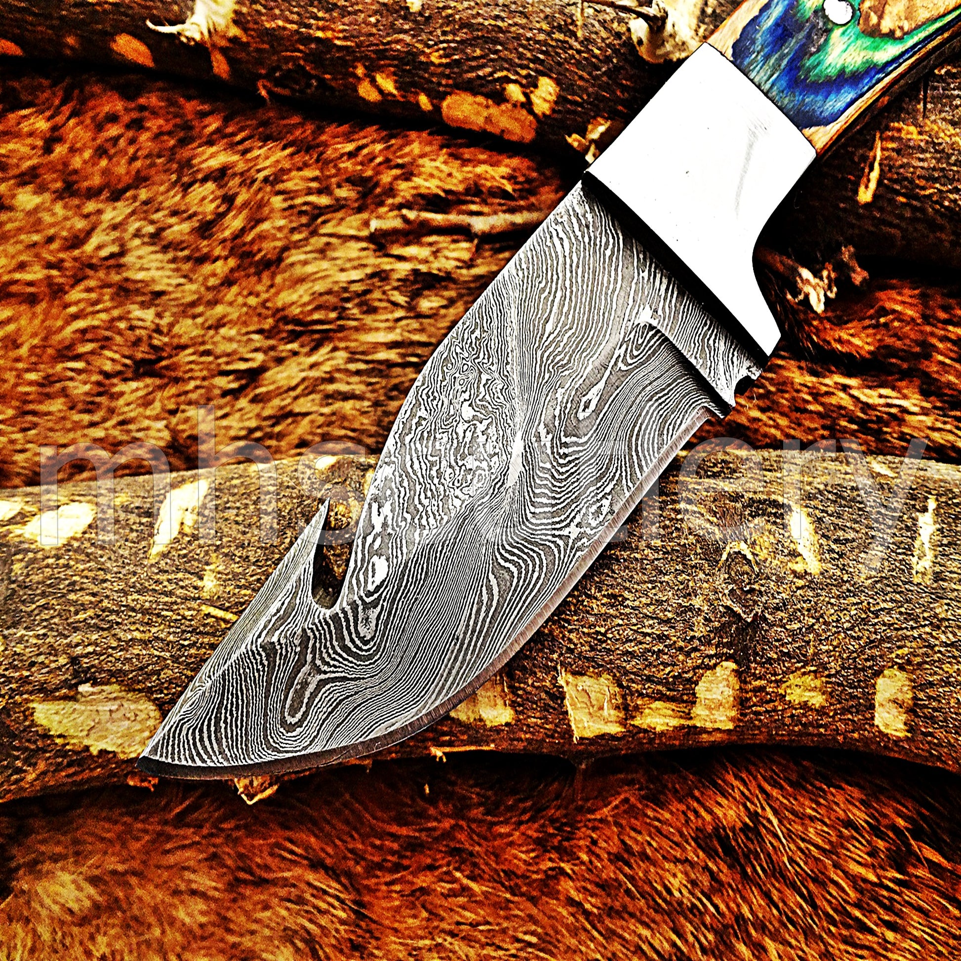Damascus Steel Mini Gut Hook Skinning Knife | mhscutlery