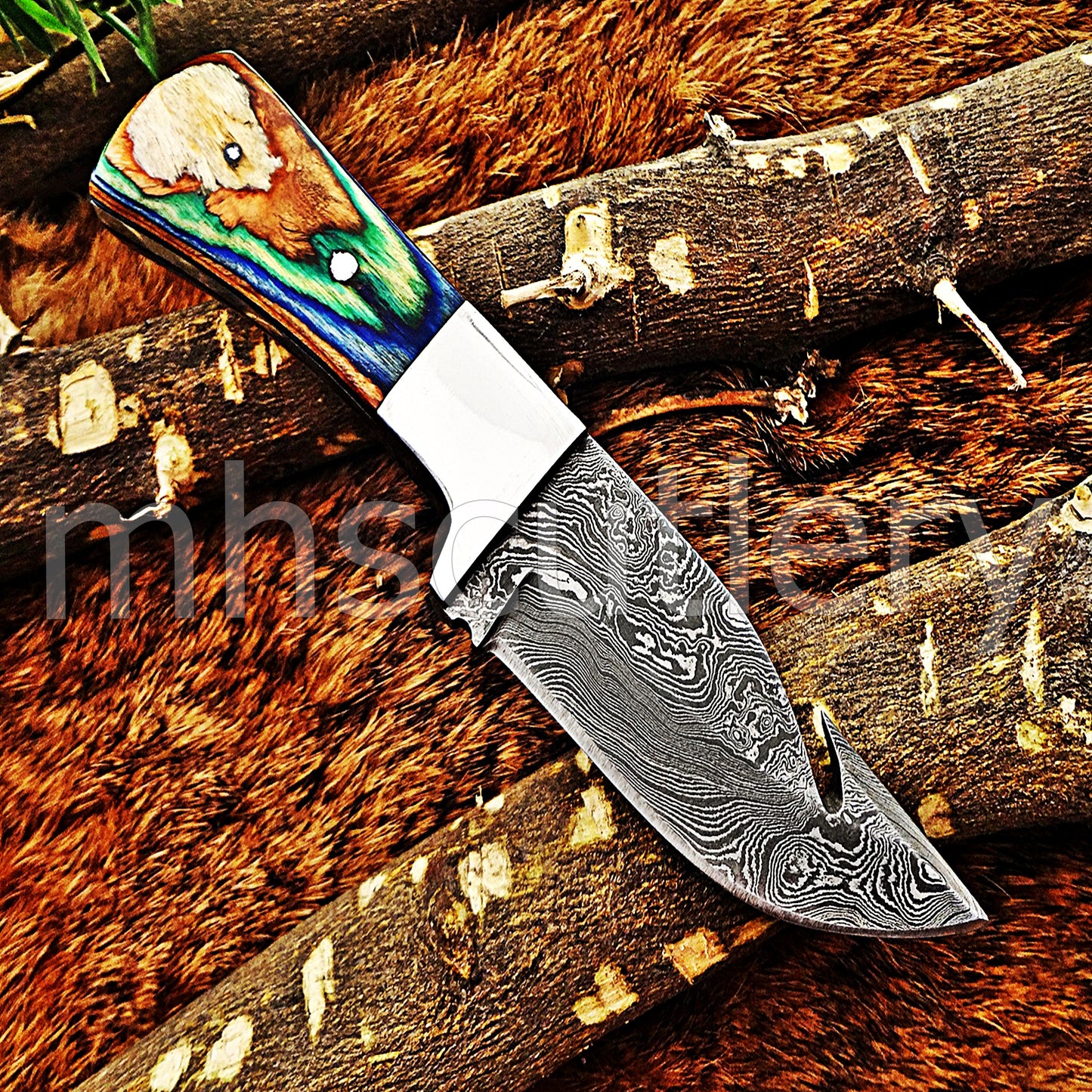 Damascus Steel Mini Gut Hook Skinning Knife | mhscutlery