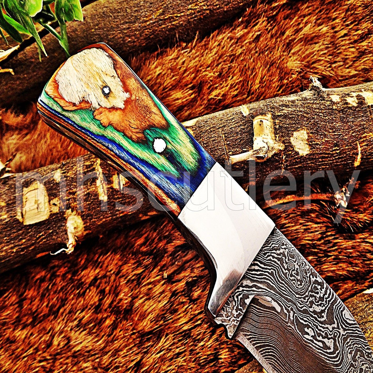 Damascus Steel Mini Gut Hook Skinning Knife | mhscutlery