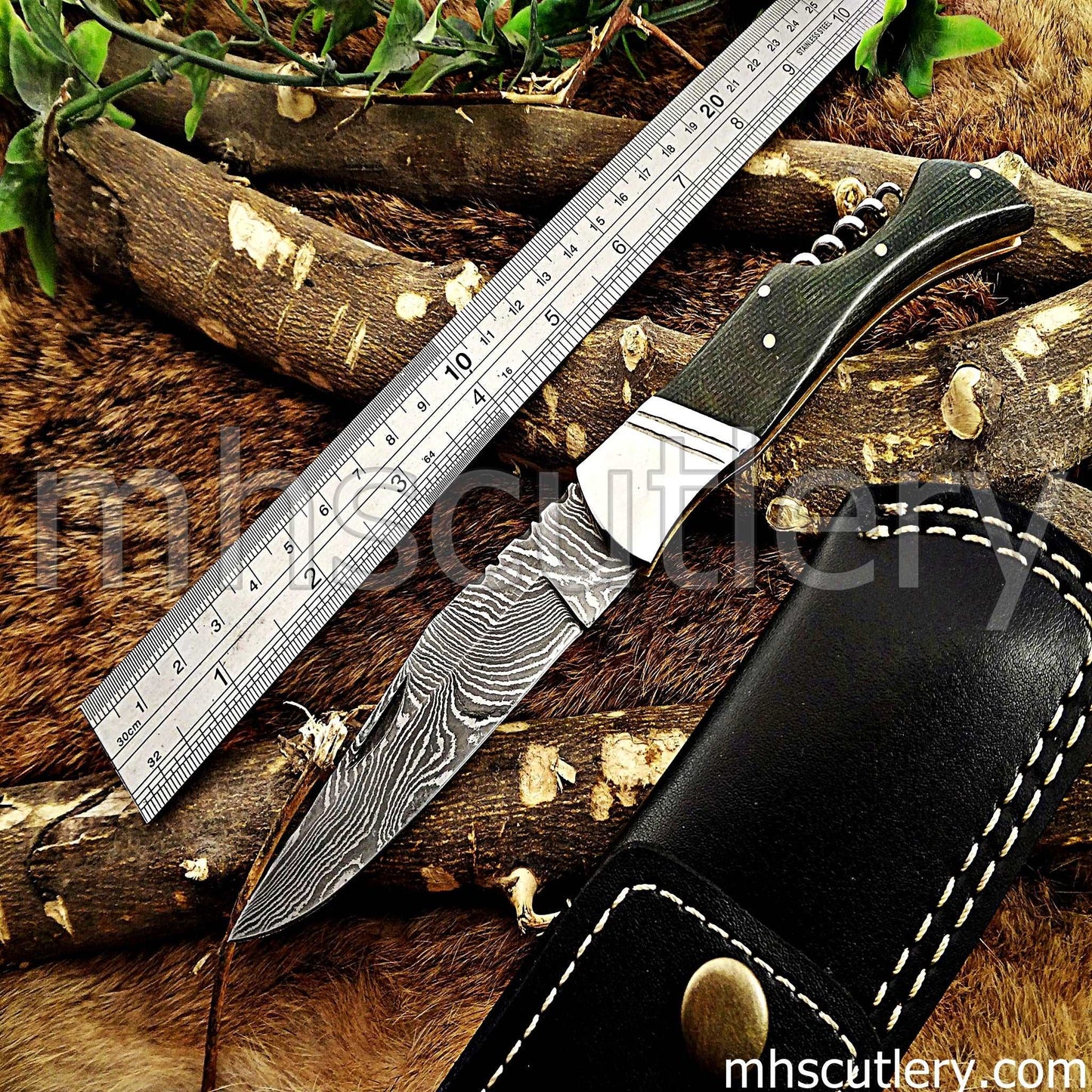Custom Hand Forged Damascus Steel French Corkscrew Folding Pocket Knife | mhscutlery
