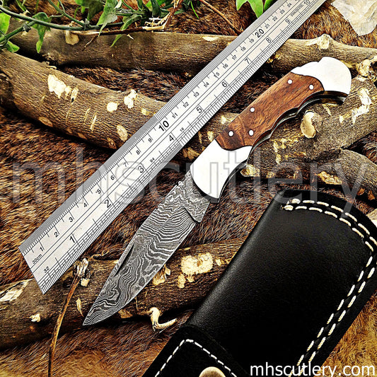 Hand Forged Damascus Steel Pocket Knife / Wood Handle | mhscutlery