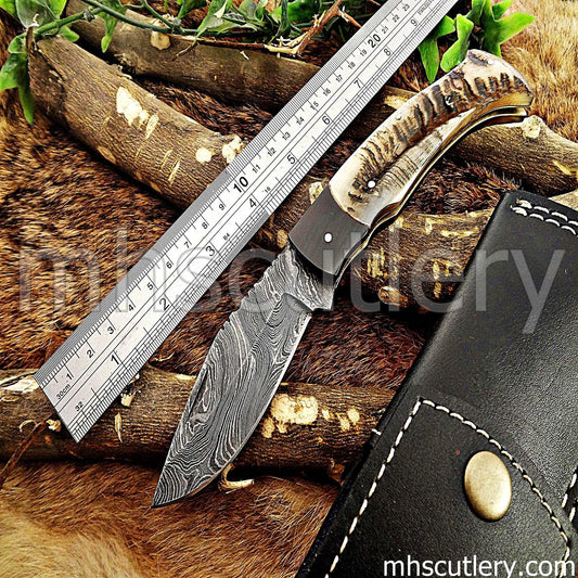 Custom Forged Damascus Steel Tactical Pocket EDC Knife / Ram Horn Handle | mhscutlery