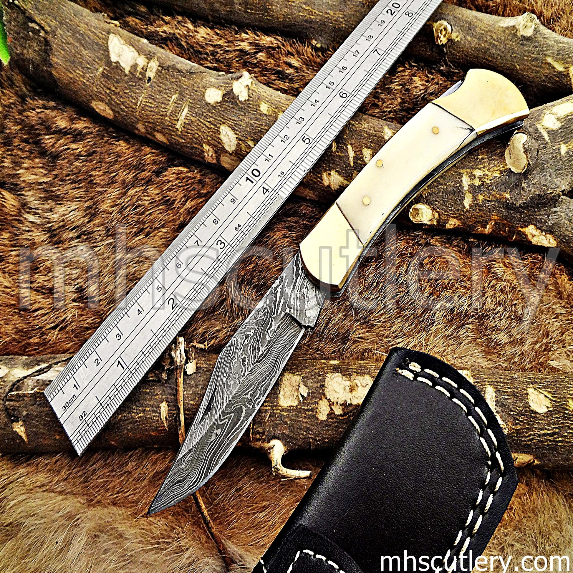 Custom Handmade Damascus Steel Buck Folder Knife | mhscutlery