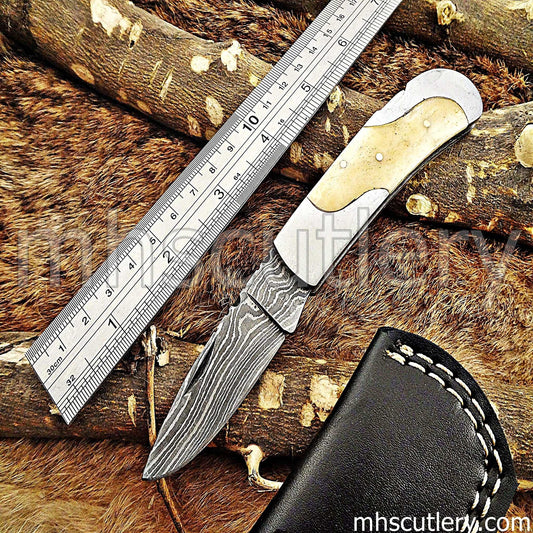 Custom Hand Forged Damascus Steel Mini Folding Pocket Knife | mhscutlery