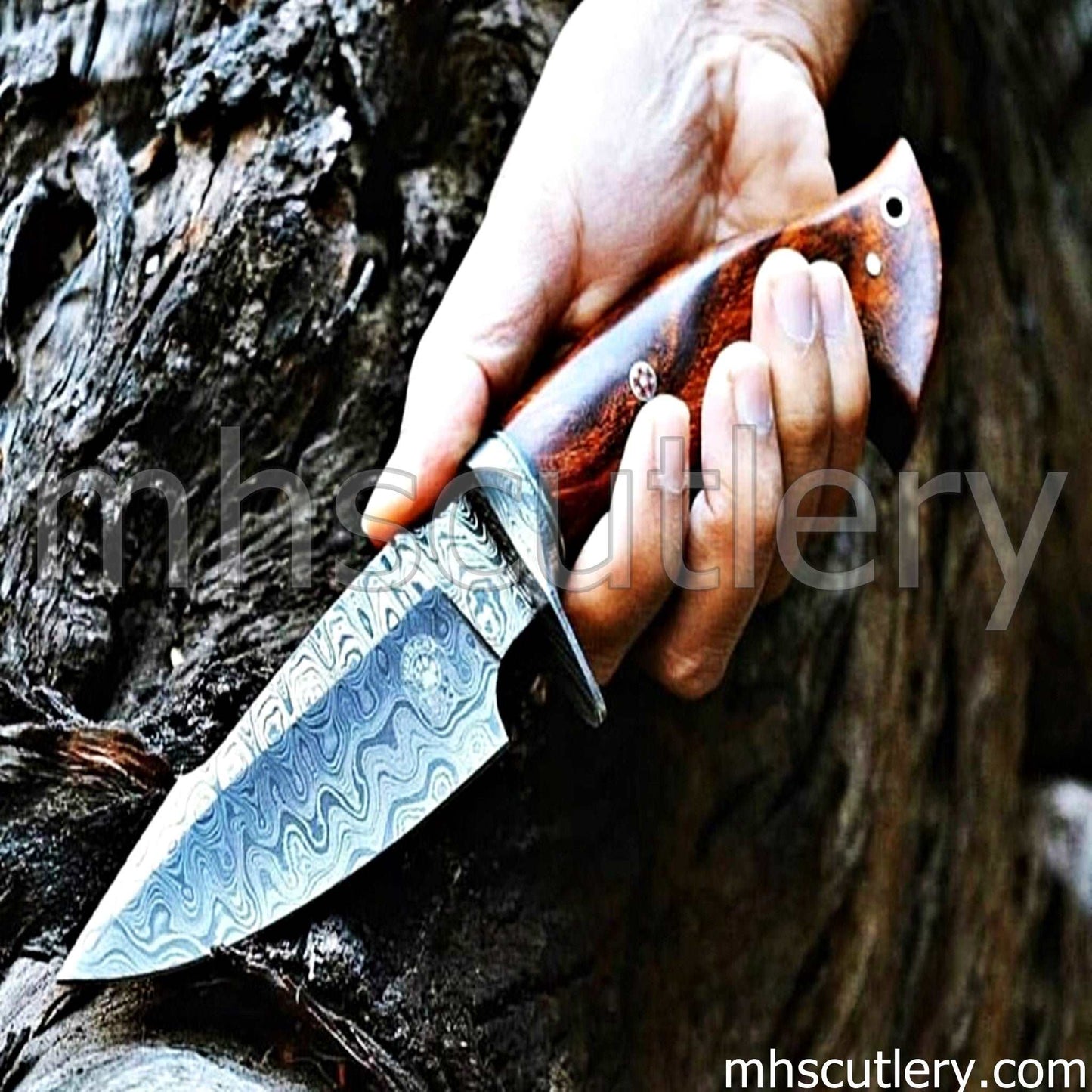 Custom Hand Forged Damascus Steel Bushcraft Hunting Knife | mhscutlery