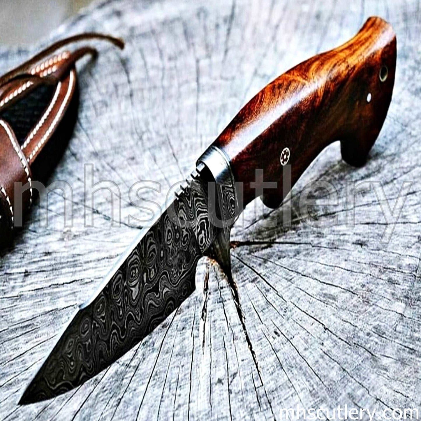 Custom Hand Forged Damascus Steel Bushcraft Hunting Knife | mhscutlery