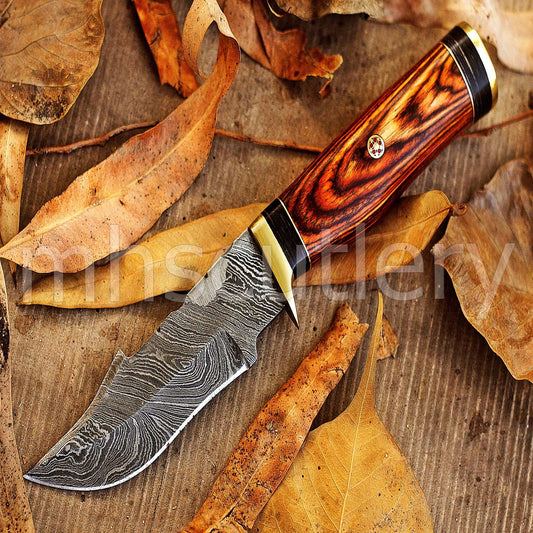 Custom Forged Damascus Steel Rat-Tail Skinner Knife With Pakka Wood Handle | mhscutlery