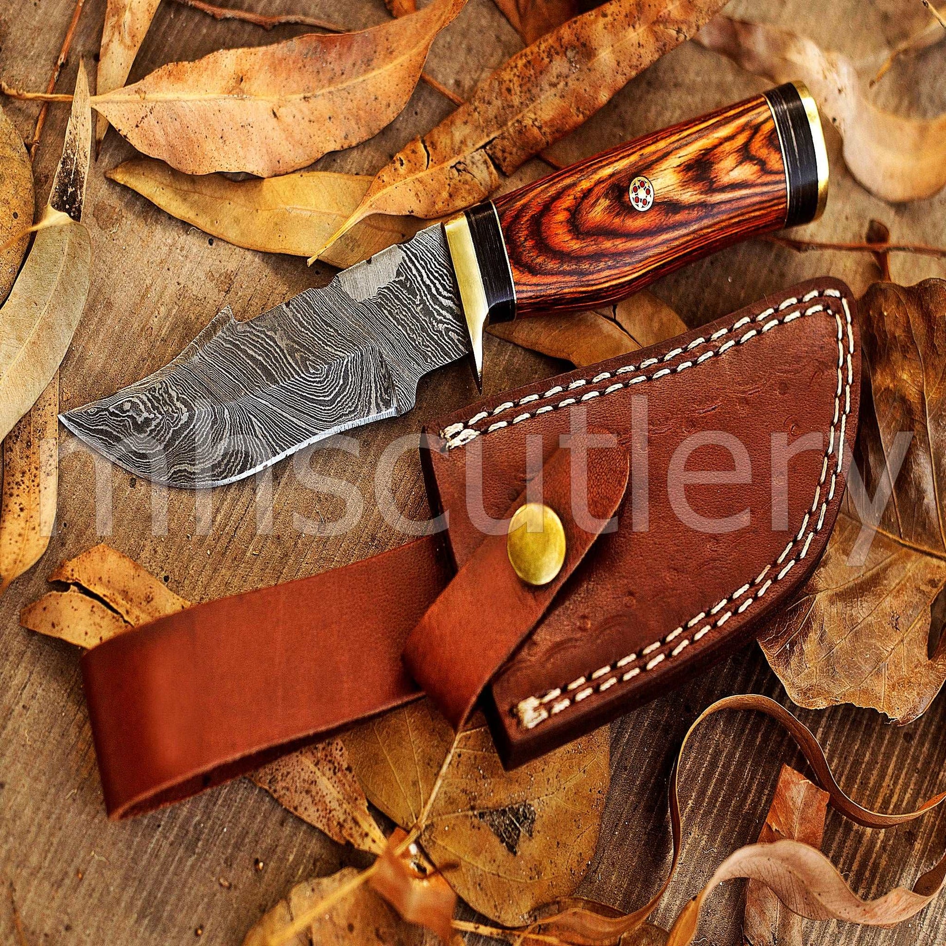 Custom Forged Damascus Steel Rat-Tail Skinner Knife With Pakka Wood Handle | mhscutlery