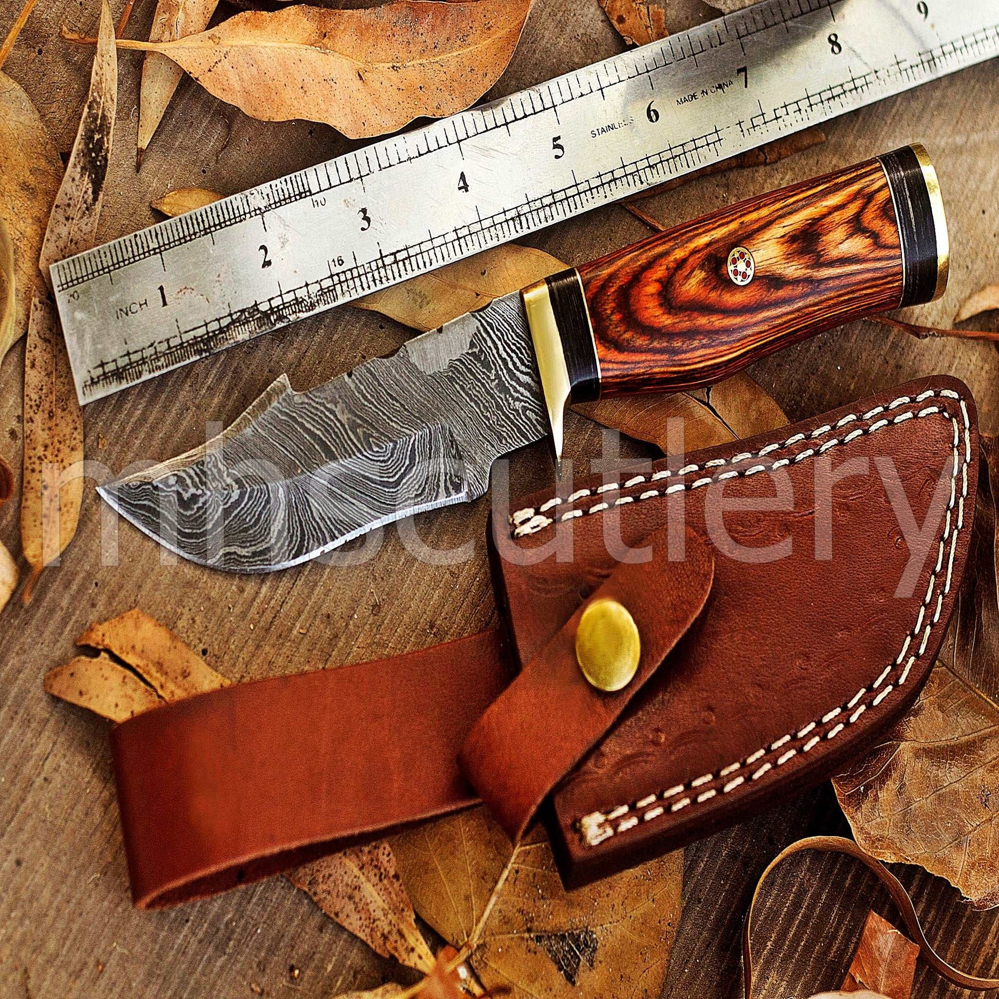 Custom Forged Damascus Steel Rat-Tail Skinner Knife With Pakka Wood Handle | mhscutlery