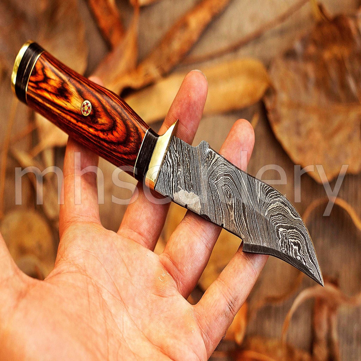Custom Forged Damascus Steel Rat-Tail Skinner Knife With Pakka Wood Handle | mhscutlery