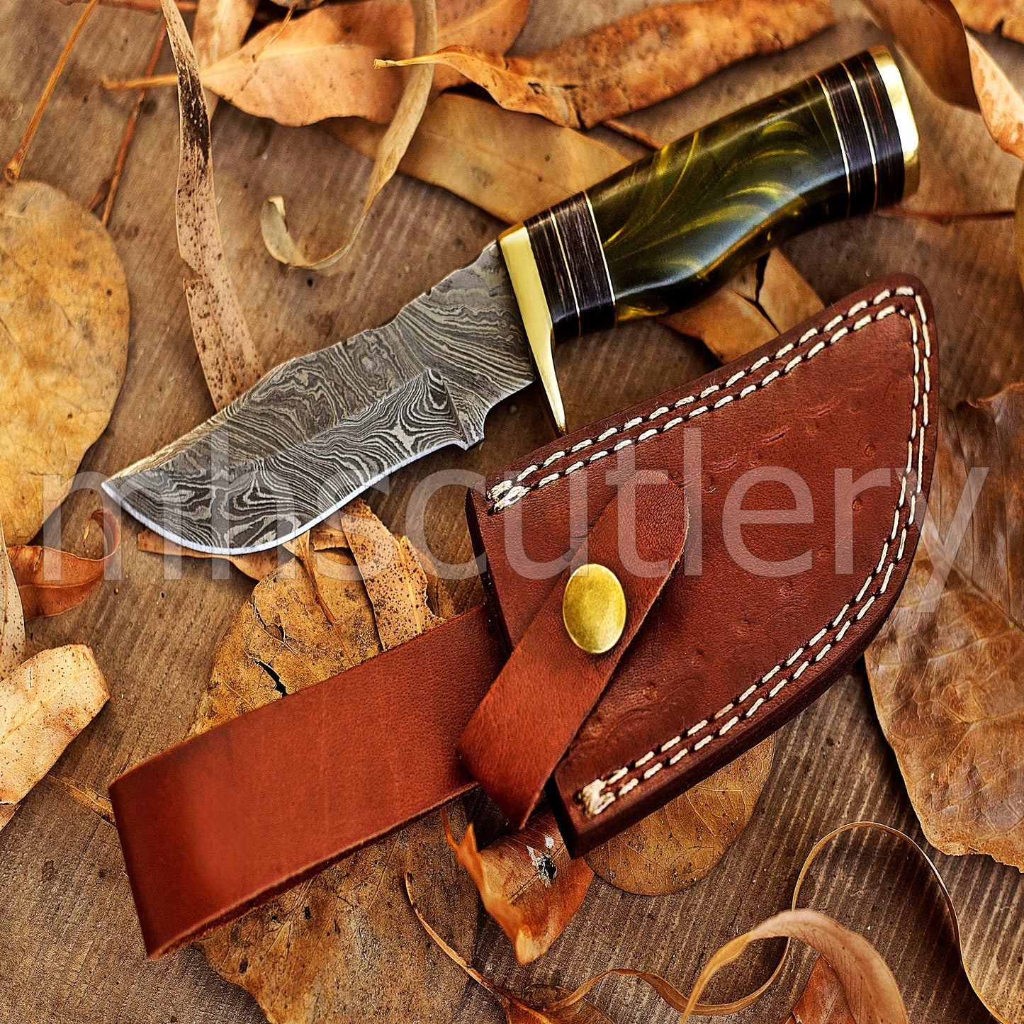 Hand Forged Damascus Steel Rat-Tail Skinning Knife With Resin Handle | mhscutlery
