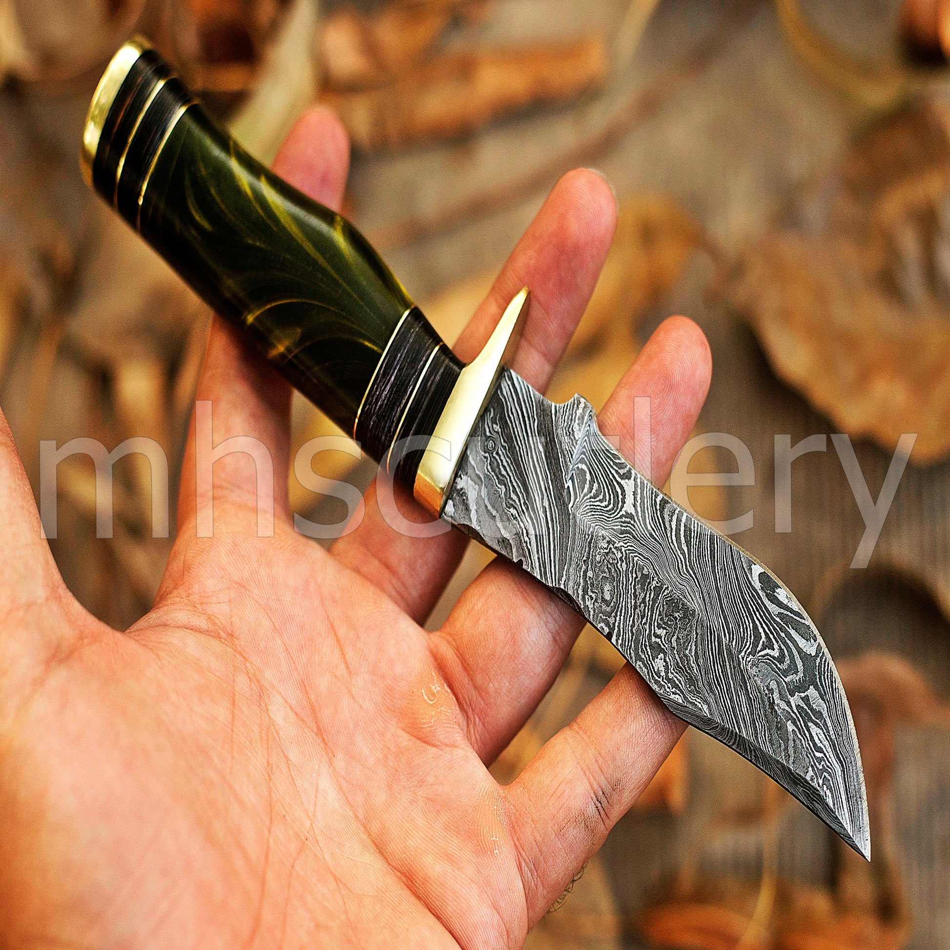 Hand Forged Damascus Steel Rat-Tail Skinning Knife With Resin Handle | mhscutlery