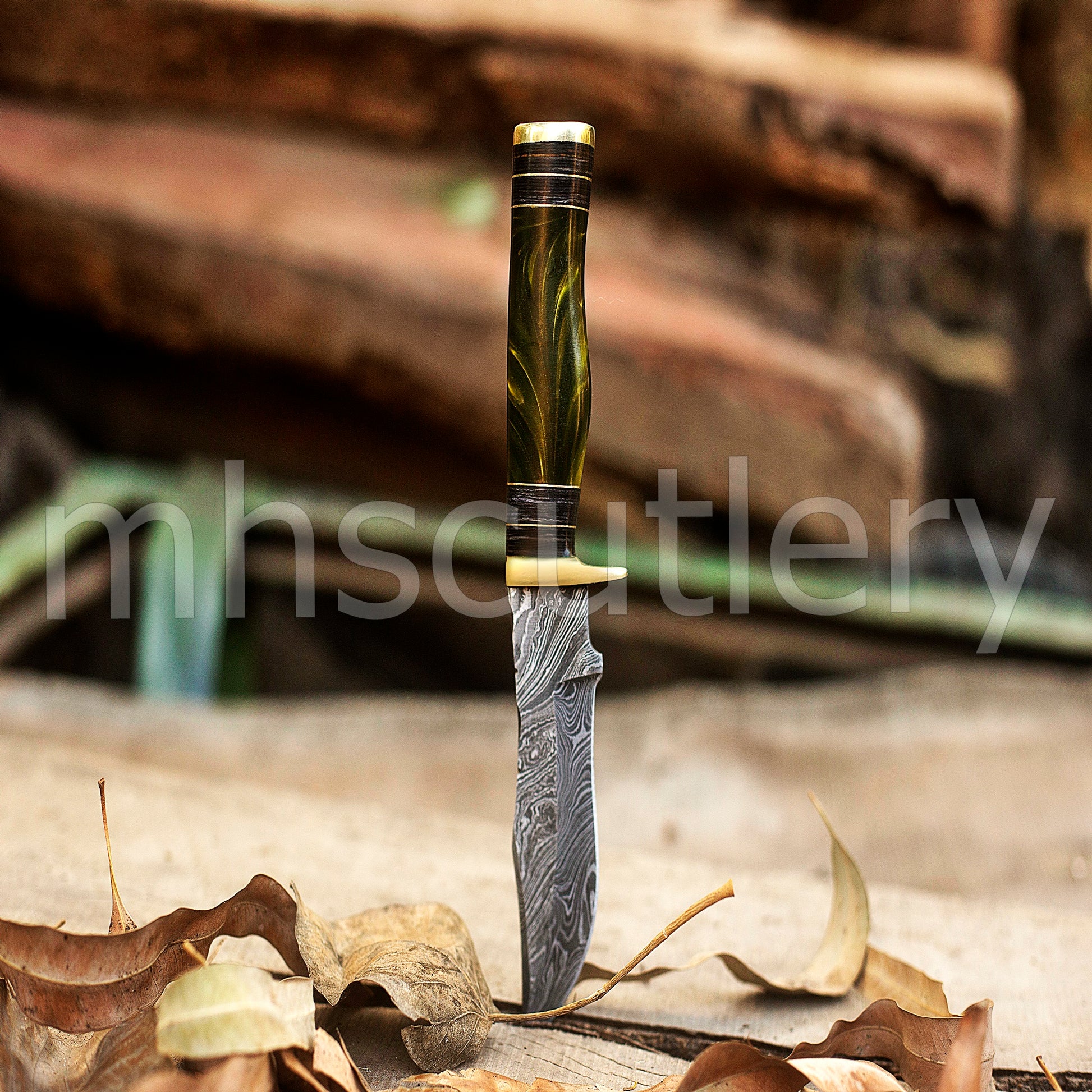 Hand Forged Damascus Steel Rat-Tail Skinning Knife With Resin Handle | mhscutlery