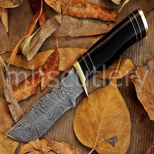 Custom Damascus Steel Hunting Skinner Round Handle Knife With Bull Horn Handle | mhscutlery