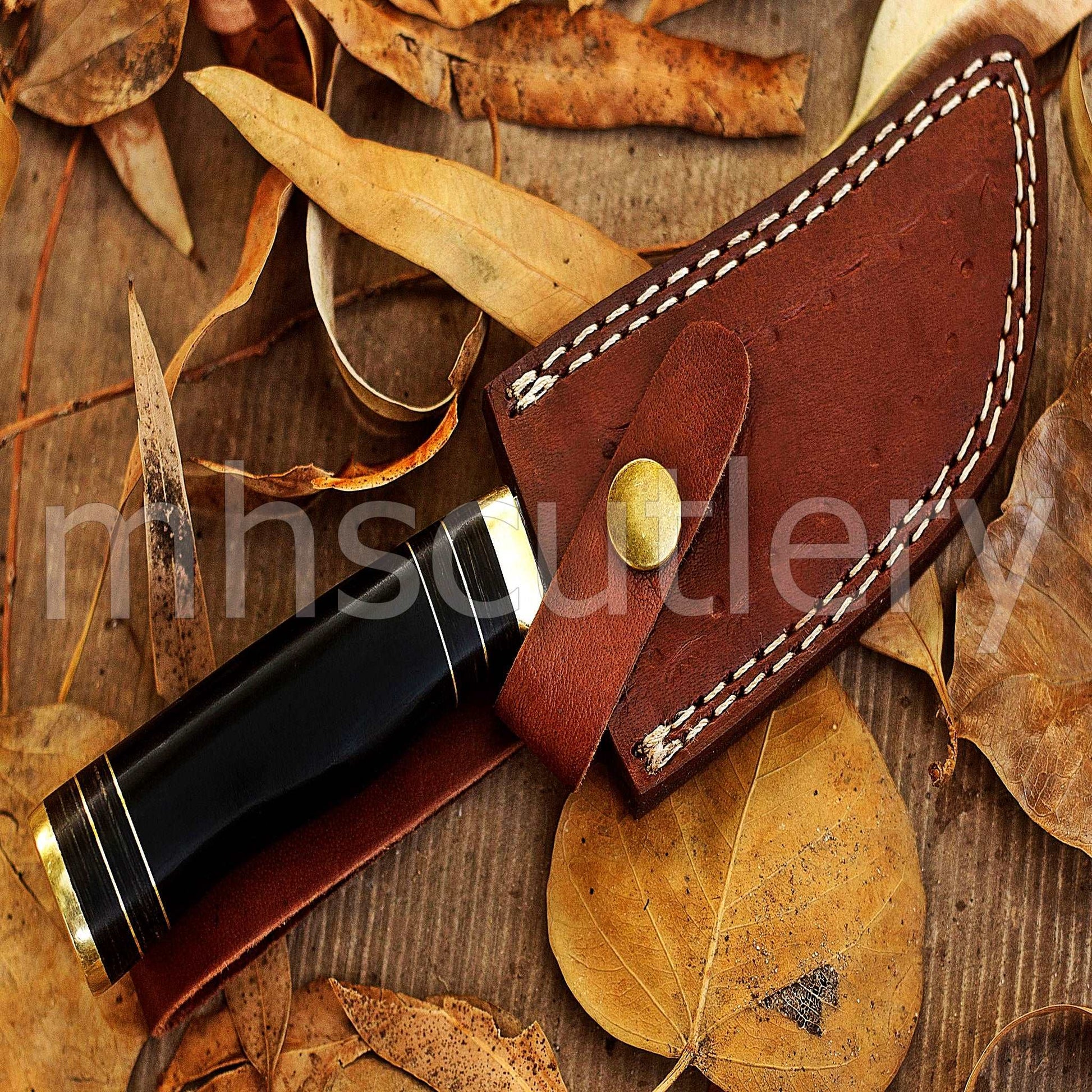 Custom Damascus Steel Hunting Skinner Round Handle Knife With Bull Horn Handle | mhscutlery
