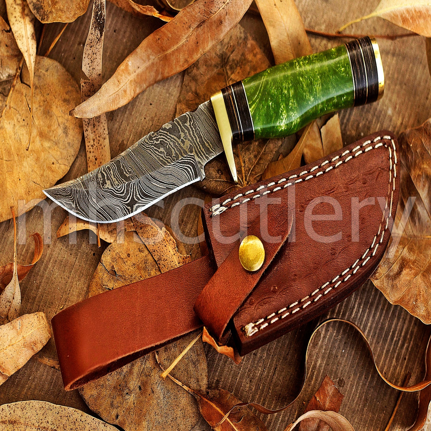 Handmade Damascus Steel Hunter Skinner Rat-Tail Knife With Resin Handle | mhscutlery