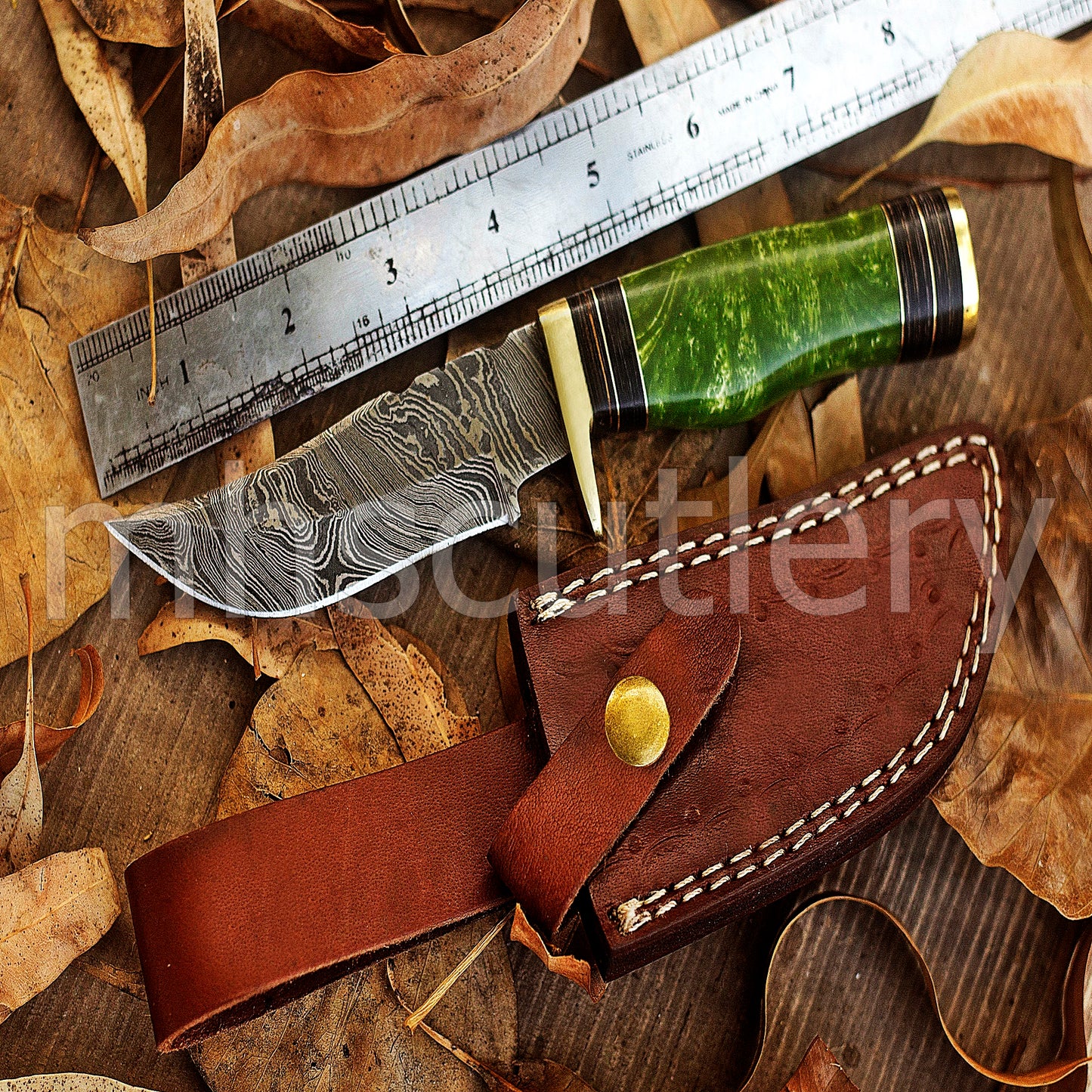 Handmade Damascus Steel Hunter Skinner Rat-Tail Knife With Resin Handle | mhscutlery