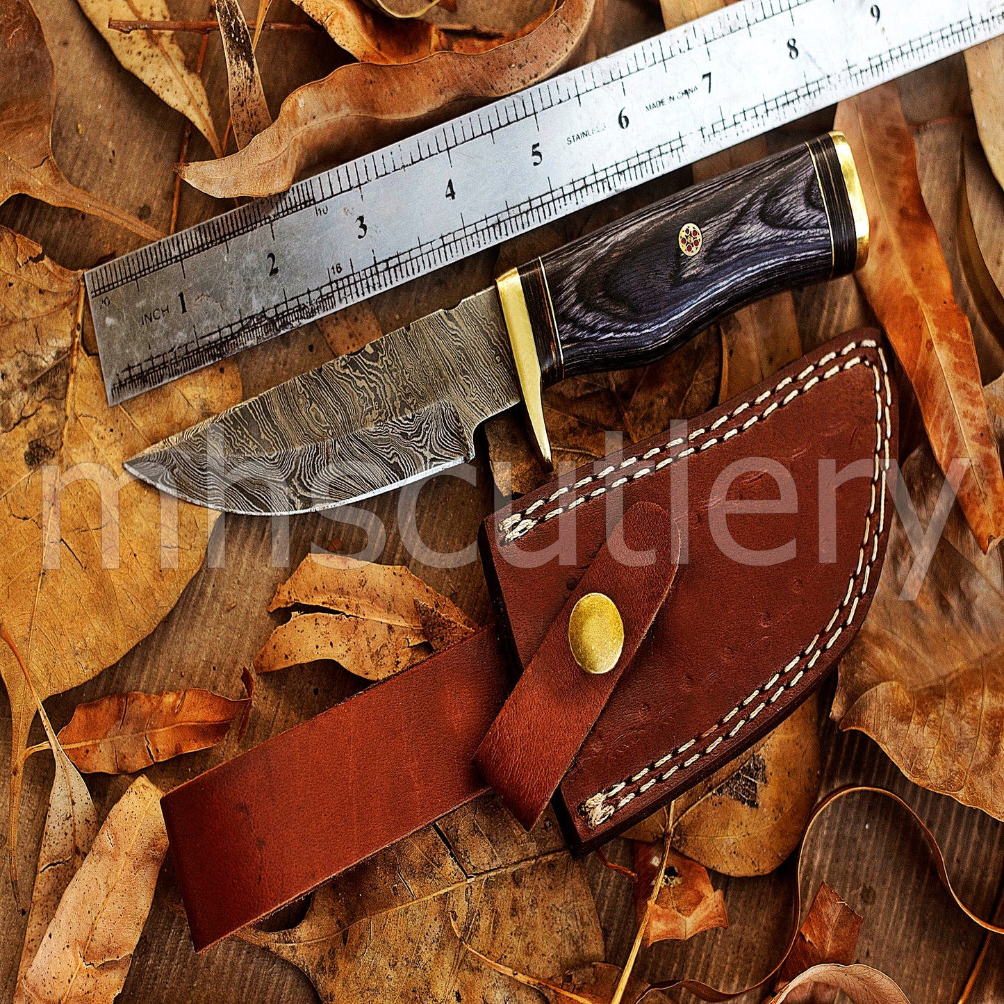 Custom Made Damascus Steel Hunter Skinning Rat-Tail Knife | mhscutlery