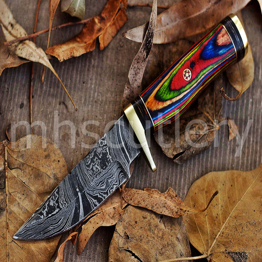 Custom Handmade Damascus Steel Skinner Knife With Rainbow Handle | mhscutlery
