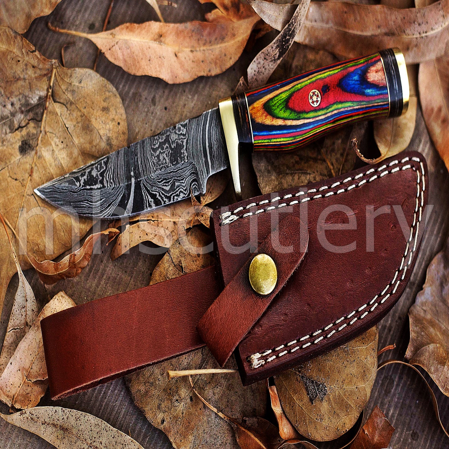 Custom Handmade Damascus Steel Skinner Knife With Rainbow Handle | mhscutlery