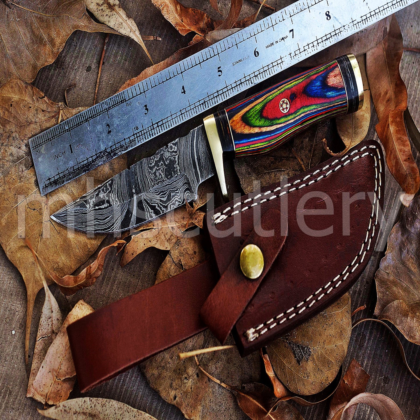 Custom Handmade Damascus Steel Skinner Knife With Rainbow Handle | mhscutlery