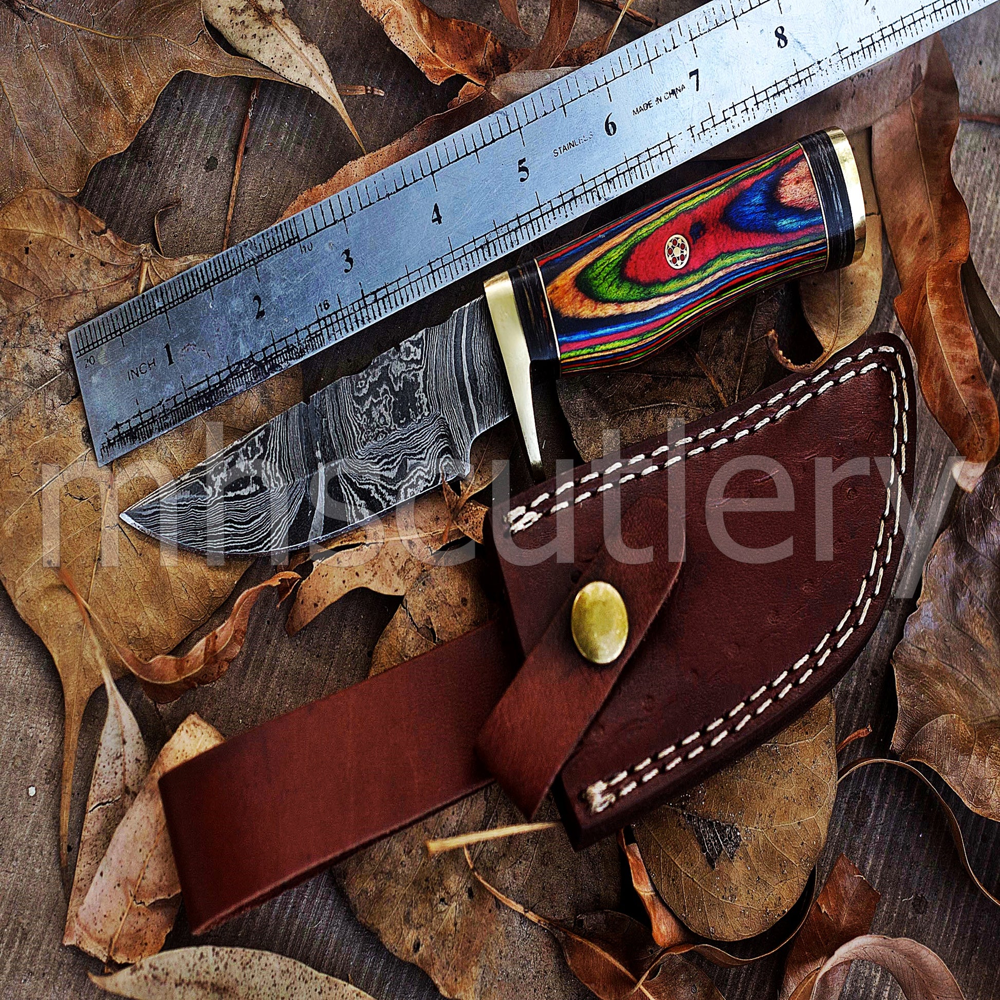 Custom Handmade Damascus Steel Skinner Knife With Rainbow Handle | mhscutlery